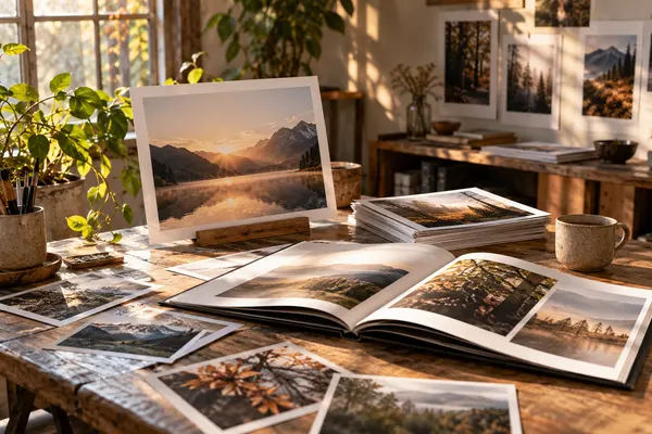 AI-generated realistic art & digital goods scene for Afterglow Editions