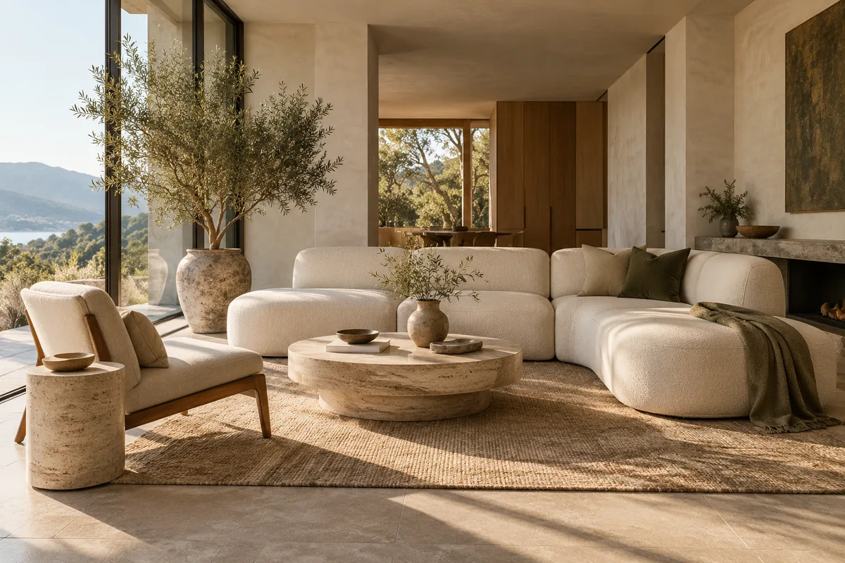 AI-generated realistic living room with sofa and travertine table for Forma Habitat