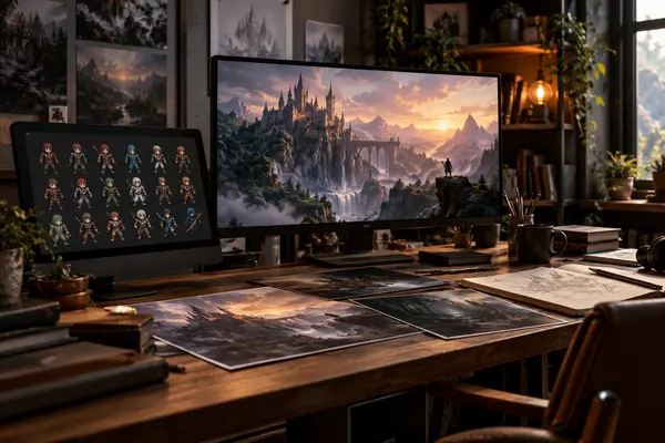 AI-generated realistic art & digital goods scene for Obsidian Pixels